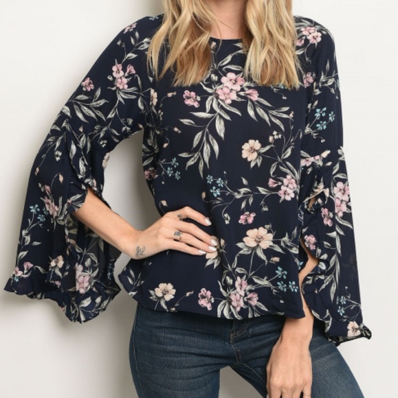 Love Riche Tops - Floral Navy Bell Sleeve Blouse